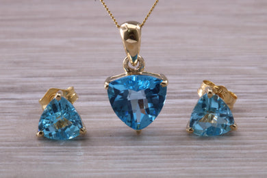 Trillion cut Swiss Blue Topaz Matching Earrings and Necklace set in Yellow Gold