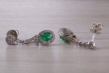 Load image into Gallery viewer, Very Dressy Emerald and Diamond set White Gold Dropper Earrings