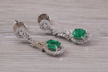Load image into Gallery viewer, Very Dressy Emerald and Diamond set White Gold Dropper Earrings