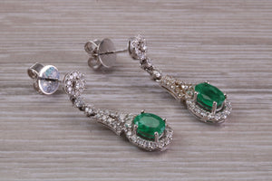 Very Dressy Emerald and Diamond set White Gold Dropper Earrings