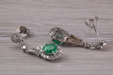 Load image into Gallery viewer, Very Dressy Emerald and Diamond set White Gold Dropper Earrings
