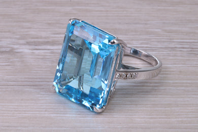 Very Very Large 50 carat Natural Blue Topaz and Diamond set White Gold Ring