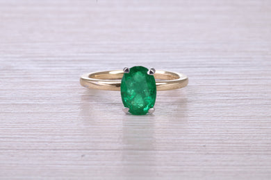 One carat Oval cut Bottle Green Emerald set Dainty 18ct Yellow Gold Solitaire