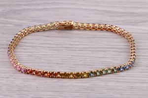 Seven carats Multi Coloured Natural Sapphire set Solid Yellow Gold Tennis Bracelet, All Real Rainbow Coloured Sapphires, British Hallmarked