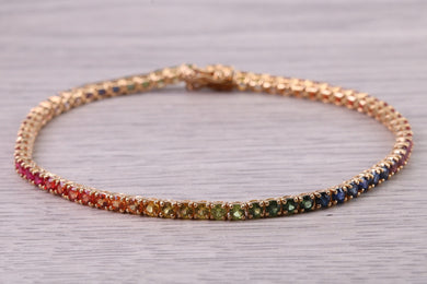 Five carats Multi Coloured Natural Sapphire set Solid Yellow Gold Tennis Bracelet, All Real Rainbow Coloured Sapphires, British Hallmarked