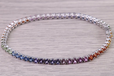 Seven carats Multi Coloured Natural Sapphire set Solid White Gold Tennis Bracelet, All Real Rainbow Coloured Sapphires, British Hallmarked