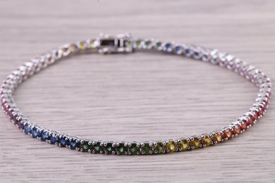 Five carats Multi Coloured Natural Sapphire set Solid White Gold Tennis Bracelet, All Real Rainbow Coloured Sapphires, British Hallmarked