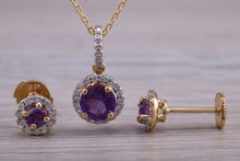Load image into Gallery viewer, Amethyst and Diamonds set Matching Necklace and Earrings