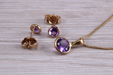 Load image into Gallery viewer, Round cut Amethyst Earring and Matching Necklace set in Yellow Gold