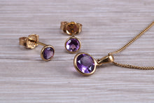 Load image into Gallery viewer, Round cut Amethyst Earring and Matching Necklace set in Yellow Gold