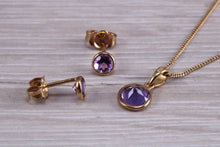 Load image into Gallery viewer, Round cut Amethyst Earring and Matching Necklace set in Yellow Gold