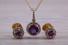 Load image into Gallery viewer, Amethyst and Diamonds set Matching Necklace and Earrings