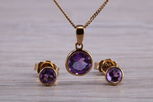 Load image into Gallery viewer, Round cut Amethyst Earring and Matching Necklace set in Yellow Gold