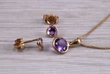 Load image into Gallery viewer, Round cut Amethyst Earring and Matching Necklace set in Yellow Gold