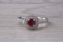 Load image into Gallery viewer, Cushion cut Burmese Ruby and Diamond Double Halo set Ring