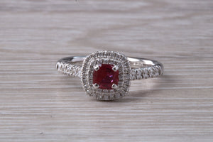 Cushion cut Burmese Ruby and Diamond Double Halo set Ring