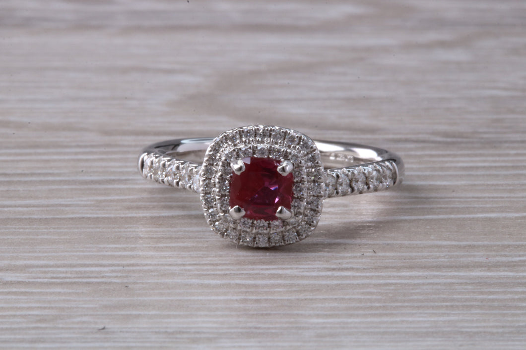 Cushion cut Burmese Ruby and Diamond Double Halo set Ring