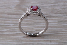 Load image into Gallery viewer, Cushion cut Burmese Ruby and Diamond Double Halo set Ring