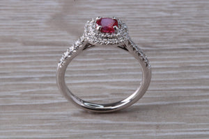 Cushion cut Burmese Ruby and Diamond Double Halo set Ring