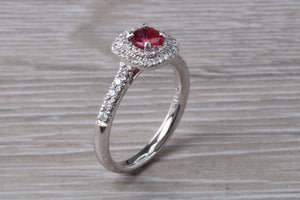 Cushion cut Burmese Ruby and Diamond Double Halo set Ring