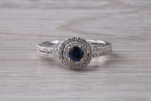 Load image into Gallery viewer, Blue Sapphire and Double Halo set Diamond Ring