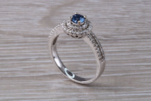 Load image into Gallery viewer, Blue Sapphire and Double Halo set Diamond Ring