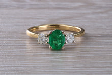 Load image into Gallery viewer, 1.40 carat Emerald and Diamond Trilogy Ring set in 18ct Gold, British Hallmarked