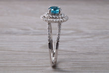 Load image into Gallery viewer, Blue Zircon and Diamond Double Halo set Ring