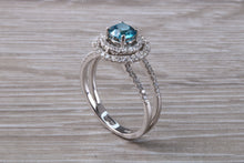 Load image into Gallery viewer, Blue Zircon and Diamond Double Halo set Ring
