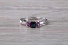Load image into Gallery viewer, Unusual Combination of Blue and Pink Sapphire Trilogy Ring