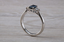 Load image into Gallery viewer, Emerald cut Blue Sapphire and Diamond Trilogy Ring