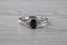 Load image into Gallery viewer, Emerald cut Blue Sapphire and Diamond Trilogy Ring