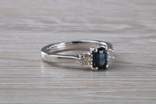 Load image into Gallery viewer, Emerald cut Blue Sapphire and Diamond Trilogy Ring