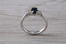 Load image into Gallery viewer, Emerald cut Blue Sapphire and Diamond Trilogy Ring