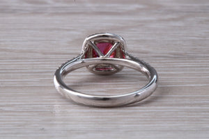 Cushion cut Burmese Ruby and Diamond Double Halo set Ring