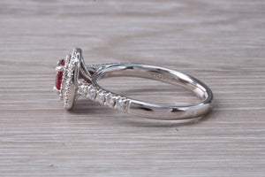Cushion cut Burmese Ruby and Diamond Double Halo set Ring
