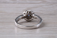 Load image into Gallery viewer, Blue Sapphire and Double Halo set Diamond Ring