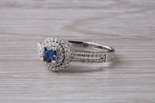 Load image into Gallery viewer, Blue Sapphire and Double Halo set Diamond Ring
