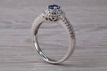 Load image into Gallery viewer, Blue Sapphire and Double Halo set Diamond Ring