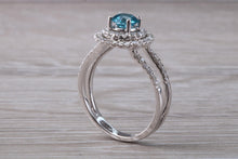 Load image into Gallery viewer, Blue Zircon and Diamond Double Halo set Ring