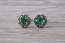 Load image into Gallery viewer, Emerald and Diamond Halo set 18ct White Gold Stud Earrings