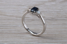 Load image into Gallery viewer, Emerald cut Blue Sapphire and Diamond Trilogy Ring