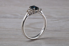 Load image into Gallery viewer, Emerald cut Blue Sapphire and Diamond Trilogy Ring