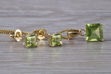 Load image into Gallery viewer, Square cut Peridot Earrings and Matching Necklace set in Yellow Gold
