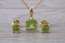 Load image into Gallery viewer, Square cut Peridot Earrings and Matching Necklace set in Yellow Gold