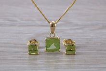 Load image into Gallery viewer, Square cut Peridot Earrings and Matching Necklace set in Yellow Gold