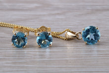 Load image into Gallery viewer, Round cut Blue Topaz Matching Stud Earrings and Necklace set in Yellow Gold