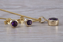 Load image into Gallery viewer, Round cut Amethyst set Necklace and Matching Earrings set in Yellow Gold