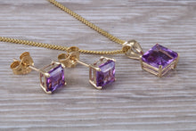 Load image into Gallery viewer, Square cut Amethyst Matching Earrings and Necklace set in Yellow Gold