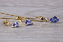 Load image into Gallery viewer, Pear Drop cut Tanzanite Earrings with Matching Necklace set in Yellow Gold